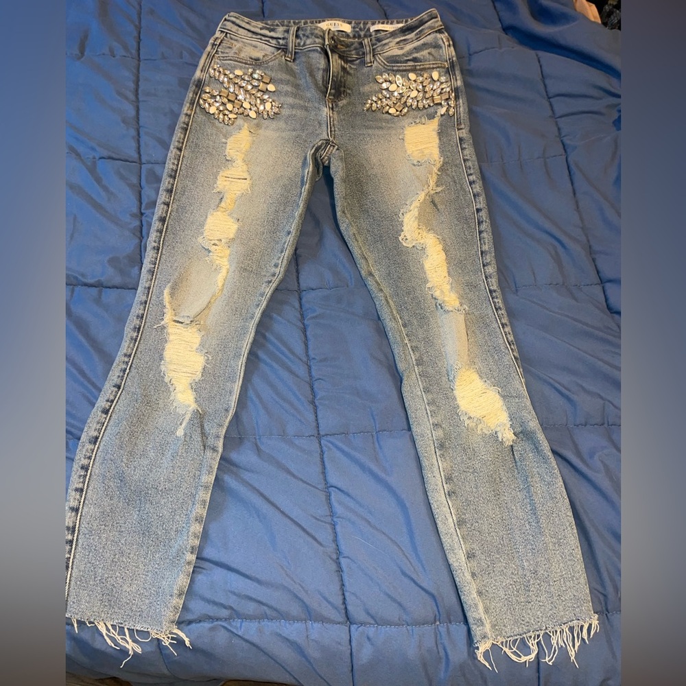 Guess Women's Distressed Blue Straight Leg Jeans